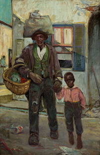 WILLIAM EDOUARD SCOTT (1884 - 1964) Untitled (Man with Child Holding Basket).: WILLIAM EDOUARD SCOTT (1884 - 1964) Untitled (Man with Child Holding Basket). Oil on linen canvas, circa 1931. 768x508 mm; 30¼x20 inches. Signed and dated in oil, lower left.Provenance: the estat