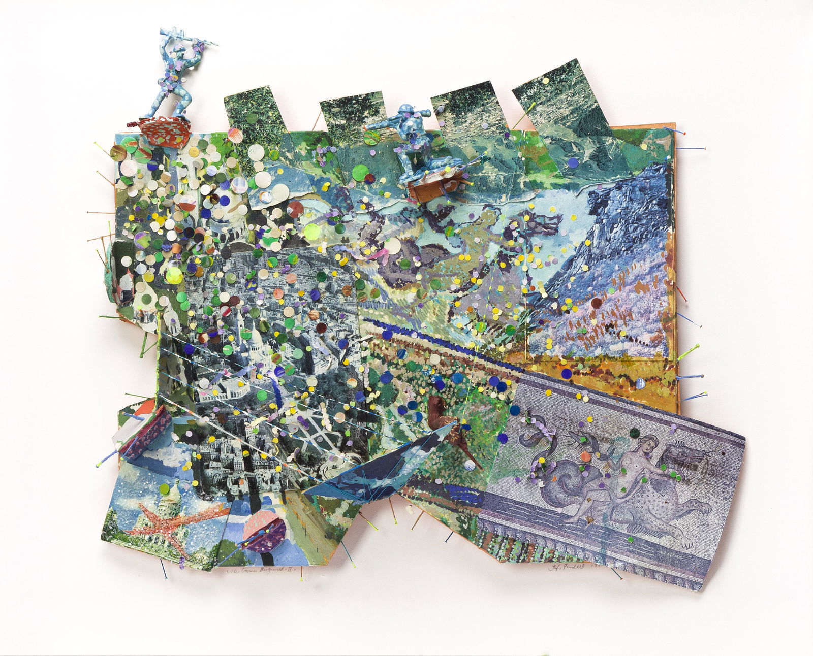 HOWARDENA PINDELL (1943- ) War Games Disguised II.: HOWARDENA PINDELL (1943- ) War Games Disguised II. Tempera, gouache, postcards, punched paper, thread, nails and plastic toy soldiers on museum board, 1980-81. 343x419 mm; 13 1/2x16 1/2 inches; 508x40