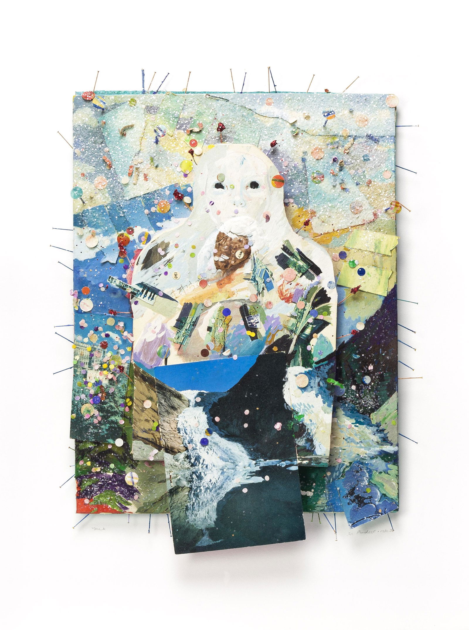 HOWARDENA PINDELL (1943- ) Mask.: HOWARDENA PINDELL (1943- ) Mask. Tempera, gouache, postcards, punched paper, thread and nails on museum board, 1980-82. 356x305 mm; 14x12 inches; 508x406 mm; 20x16 inches, including the mount and Plex