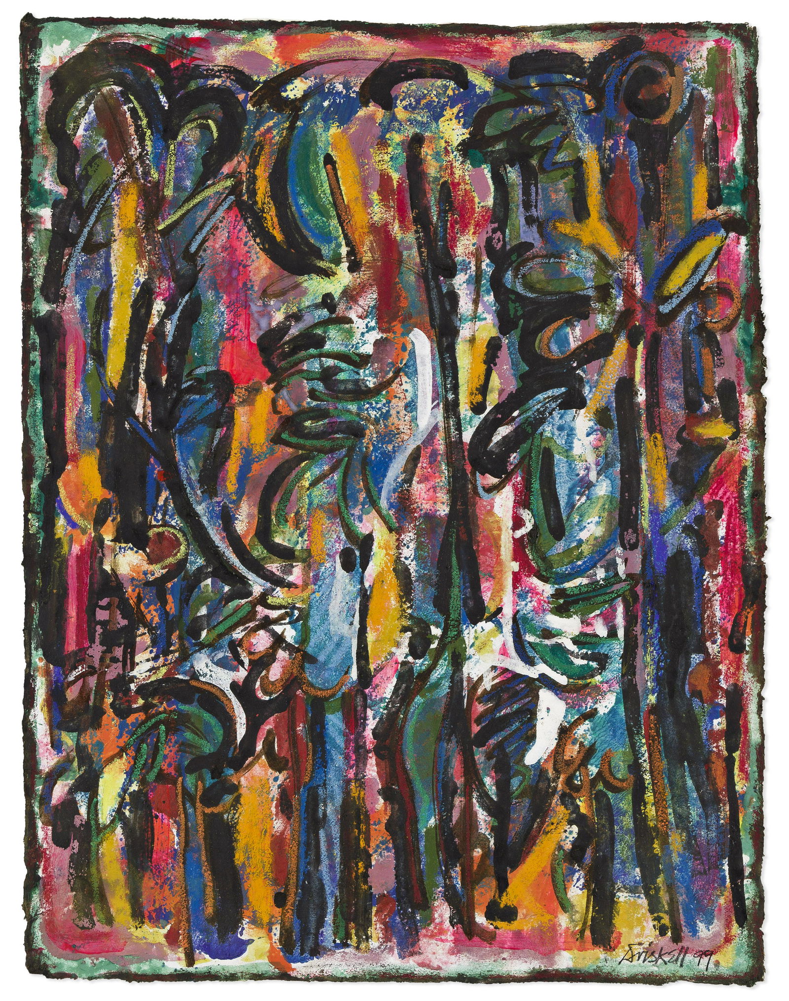 DAVID DRISKELL (1931 - 2020) Masked Forest.: DAVID DRISKELL (1931 - 2020) Masked Forest. Mixed-media and gouache on paper, 1999. 552x419 mm; 21¾x16½ inches. Signed and dated in ink, lower right.Provenance: acquired directly from the ar
