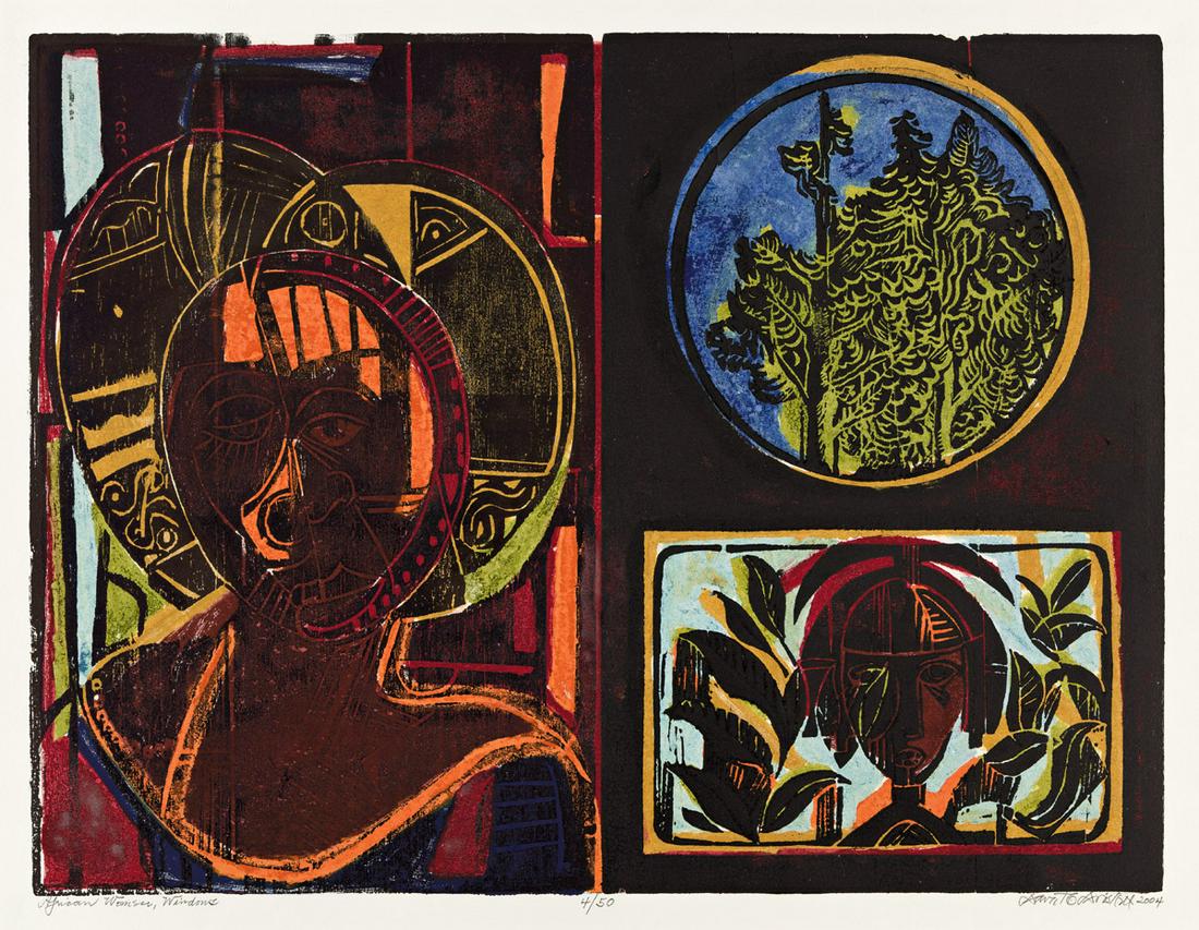 DAVID DRISKELL (1931 - 2020) African Woman, Windows.: DAVID DRISKELL (1931 - 2020) African Woman, Windows. Color woodcut and monoprint, 2004. 469x571 mm; 18½x22½ inches, full margins. Signed, titled, dated and numbered 4/50 in pencil, lower mar