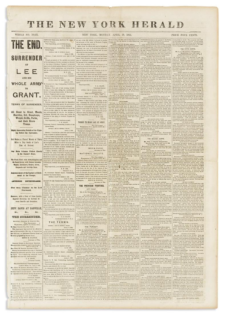(CIVIL WAR.) Issue of the New York Herald announcing "The Surrender of Lee and His Whole Army." (1 of 2)