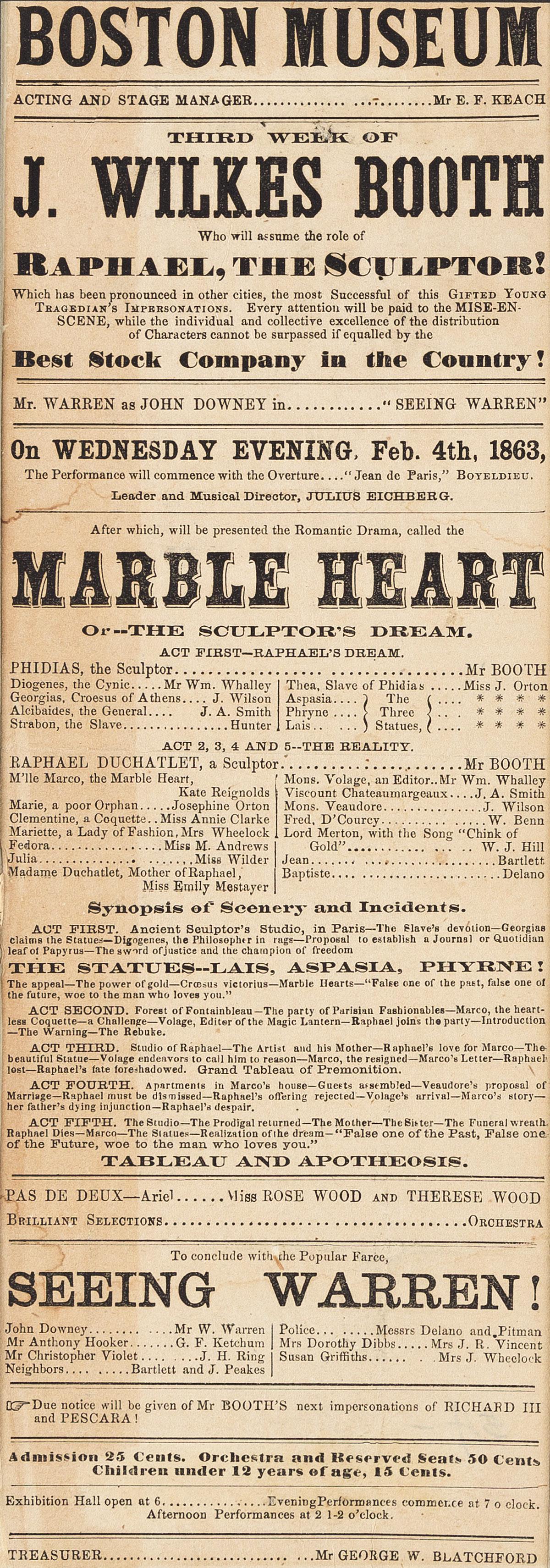 (ABRAHAM LINCOLN.) Boston Museum playbill starring John Wilkes Booth in The Marble Heart. (1 of 1)