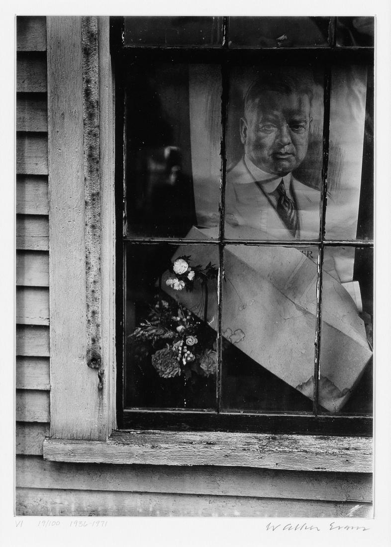 WALKER EVANS (1903-1975) Flowers and Poster of Herbert Hoover in House Window, Wellfleet,: WALKER EVANS (1903-1975) Flowers and Poster of Herbert Hoover in House Window, Wellfleet, Massachusetts. Silver print, the image measuring 6½x4 inches (16.5x11.7 cm.), the mount 18x14¾ inche