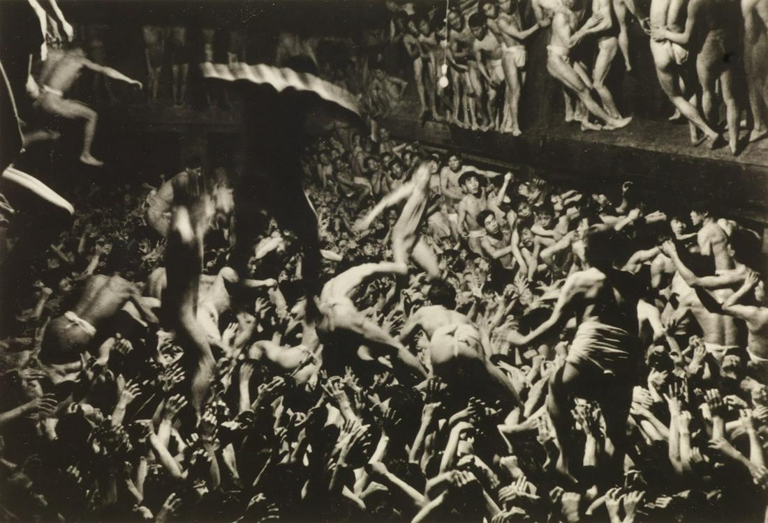 HORACE BRISTOL (1908-1997) Shinto Shrine Melee, New Year's, Japan.: HORACE BRISTOL (1908-1997) Shinto Shrine Melee, New Year's, Japan. Silver print, the image measuring 6½x9 inches (16.5x23.6 cm.), the sheet 8¼x9¾ inches (21x24.8 cm.), with Bristol's fa