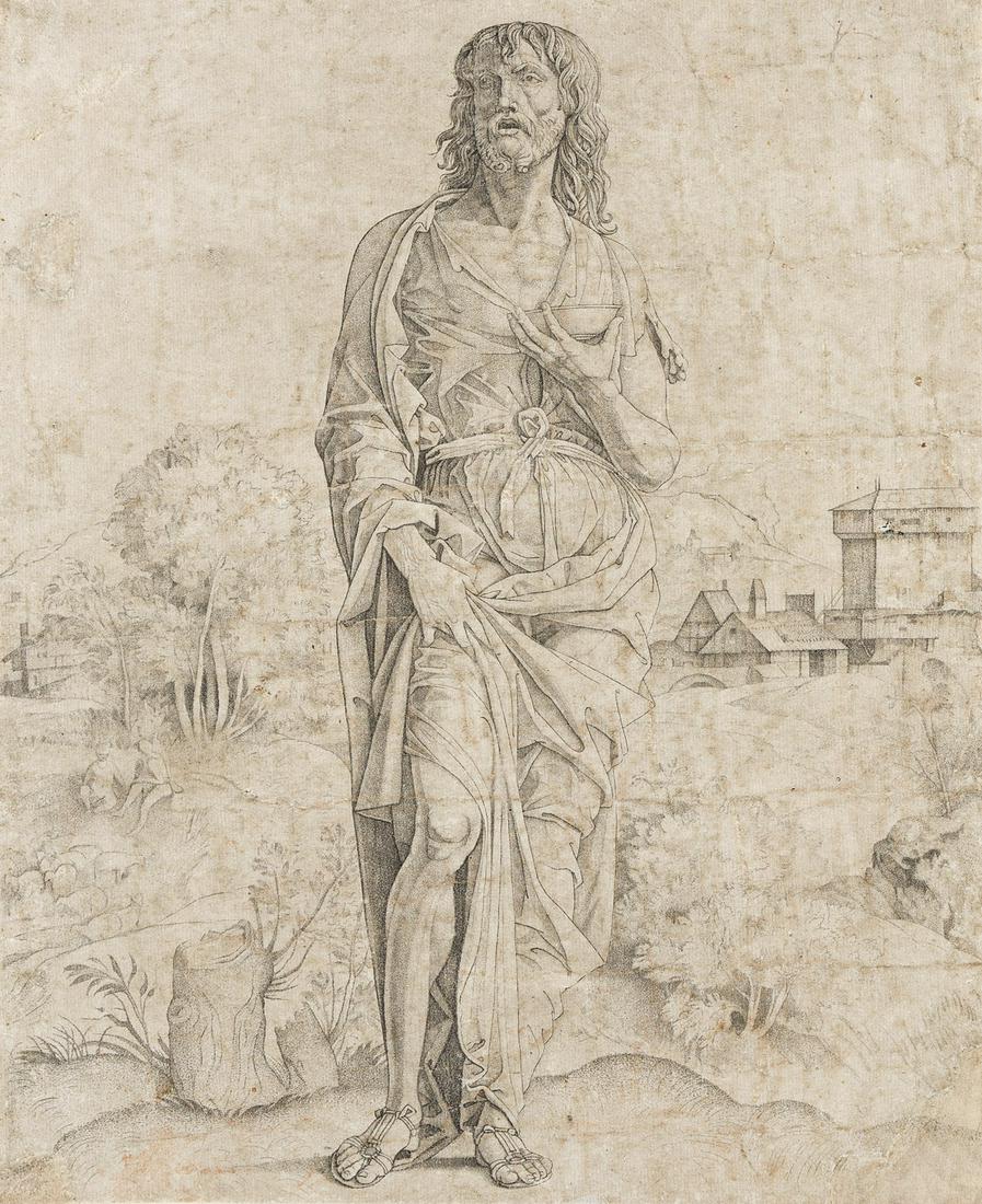 GIULIO CAMPAGNOLA Saint John the Baptist.: GIULIO CAMPAGNOLA Saint John the Baptist. Engraving and stipple-engraving, circa 1505. 283x232 mm; 11¼x9¼ inches. Bull's head with a cross and the letters S M in a circle watermark (Briquet
