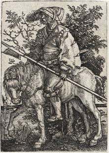 BARTHEL BEHAM Halberdier on Horseback.: BARTHEL BEHAM Halberdier on Horseback. Engraving, circa 1525. 64x46 mm; 2½x1¾ inches, thread margins. A very good, well-inked and evenly-printed impression of this extremely scarce engraving