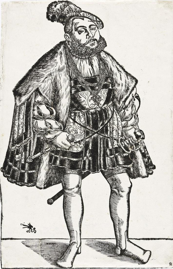 LUCAS CRANACH, THE YOUNGER John Frederick I the Magnanimous, Elector of Saxony.: LUCAS CRANACH, THE YOUNGER John Frederick I the Magnanimous, Elector of Saxony. Woodcut, circa 1550. 332x217 mm; 13¼x8¾ inches, thread margins. Crowned double-headed eagle watermark. A very