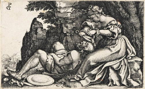 GEORG PENCZ Samson and Delilah.: GEORG PENCZ Samson and Delilah. Engraving, circa 1530. 49x78 mm; 2x3¼ inches, thread margins. A brilliant, richly-inked and early impression of this very scarce engraving, with strong contrasts a