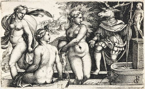 GEORG PENCZ Diana and Actaeon.: GEORG PENCZ Diana and Actaeon. Engraving, circa 1535. 48x77 mm; 2x3¼ inches, thread margins. First state (of 2). A superb, dark impression of this very scarce, early engraving.Provenance: Peter L