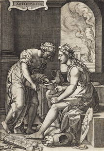 GEORG PENCZ Artemisia.: GEORG PENCZ Artemisia. Engraving, circa 1539. 193x135 mm; 7½x5½ inches. First state (of 2). With thread margins or trimmed on the plate mark. A very good, dark and evenly-printed impression