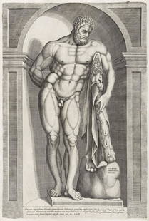 JACOBUS BOS The Farnese Hercules.: JACOBUS BOS The Farnese Hercules. Engraving, 1562. 450x301 mm; 17¾x12 inches, small margins. Cardinal's hat (?) in a circle watermark. Published by Antonio Salamanca and Antonio Lafreri, Rome. Fr