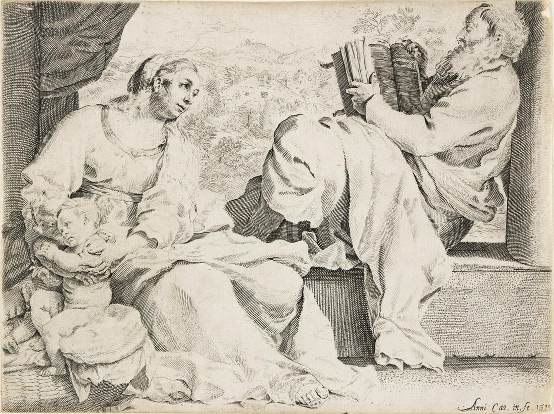 ANNIBALE CARRACCI The Holy Family with Saint John the Baptist.: ANNIBALE CARRACCI The Holy Family with Saint John the Baptist. Etching and engraving, 1590. 164x219 mm; 6½x8¾ inches. First state (of 3). With thread margins or trimmed on the plate mark. A