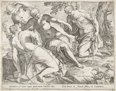 AGOSTINO CARRACCI Mercury and the Three Graces.: AGOSTINO CARRACCI Mercury and the Three Graces. Engraving, 1589. 199x255 mm; 7¾x10¼ inches, narrow margins. First state (of 3). Indiscernible, letter A (?), watermark. A good impression of t