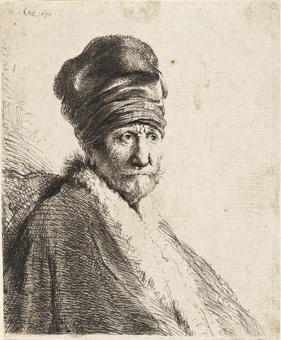 REMBRANDT VAN RIJN Bust of a Man Wearing a High Cap, Three-Quarters Right (The Artist's Father ?).: REMBRANDT VAN RIJN Bust of a Man Wearing a High Cap, Three-Quarters Right (The Artist's Father ?). Etching and drypoint, 1630. 106x86 mm; 4¼x3½ inches, thread margins. Biörklund's secon