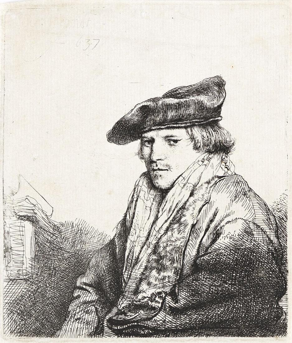 REMBRANDT VAN RIJN A Young Man in a Velvet Cap (Ferdinand Bol).: REMBRANDT VAN RIJN A Young Man in a Velvet Cap (Ferdinand Bol). Etching and drypoint, 1637. 96x83 mm; 3¾x3¼ inches, thread margins. Biörklund's second state (of 2); Usticke's only state