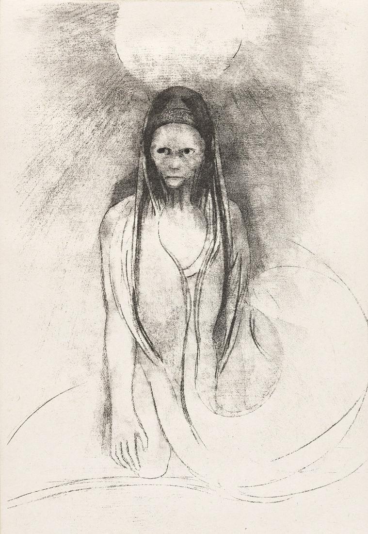 ODILON REDON L'Intelligence fut a moi! Je devins le Buddha.: ODILON REDON L'Intelligence fut a moi! Je devins le Buddha. Lithograph on Chine appliqué, 1896. 313x221 mm; 12x8¾ inches, full margins. Edition of 50. Printed by Blanchard, Paris. Published