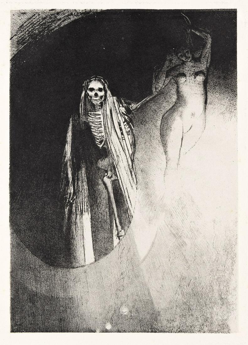 ODILON REDON Two lithographs from Tentation de Sainte-Antoine.: ODILON REDON Two lithographs from Tentation de Sainte-Antoine. Frontispiece, 1889. 281x203 mm; 11x8 inches, full margins. Edition of 60. Printed by Becquet, Paris * La Mort: C'est moi qui te rends s&#