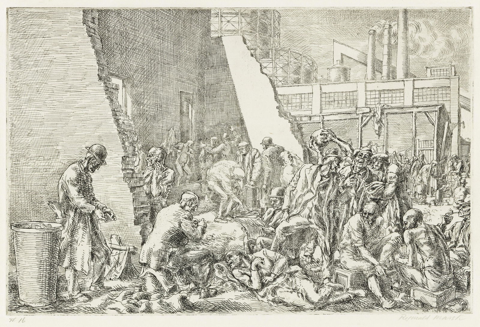 REGINALD MARSH East Tenth Street Jungle.: REGINALD MARSH East Tenth Street Jungle. Etching, 1934. 203x305 mm; 7x7 inches, full margins. Fourth state (of 4). Edition of approximately 22. Signed and numbered "#16" in pencil, lower margin. A ver