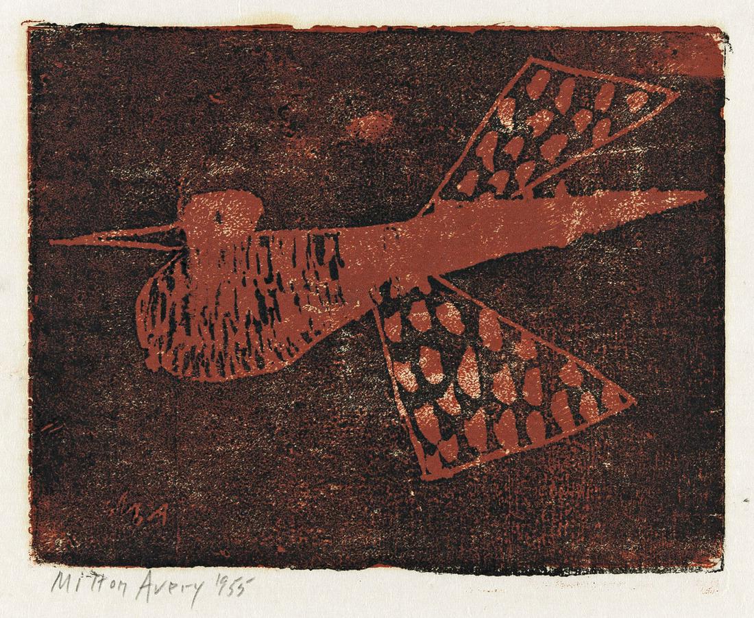 MILTON AVERY Flight.: MILTON AVERY Flight. Color woodcut printed in brown and black on Japan paper, 1953. 180x230 mm; 7x9 inches, full margins. Edition of 100. Signed and dated in pencil, lower left. Published by Collector