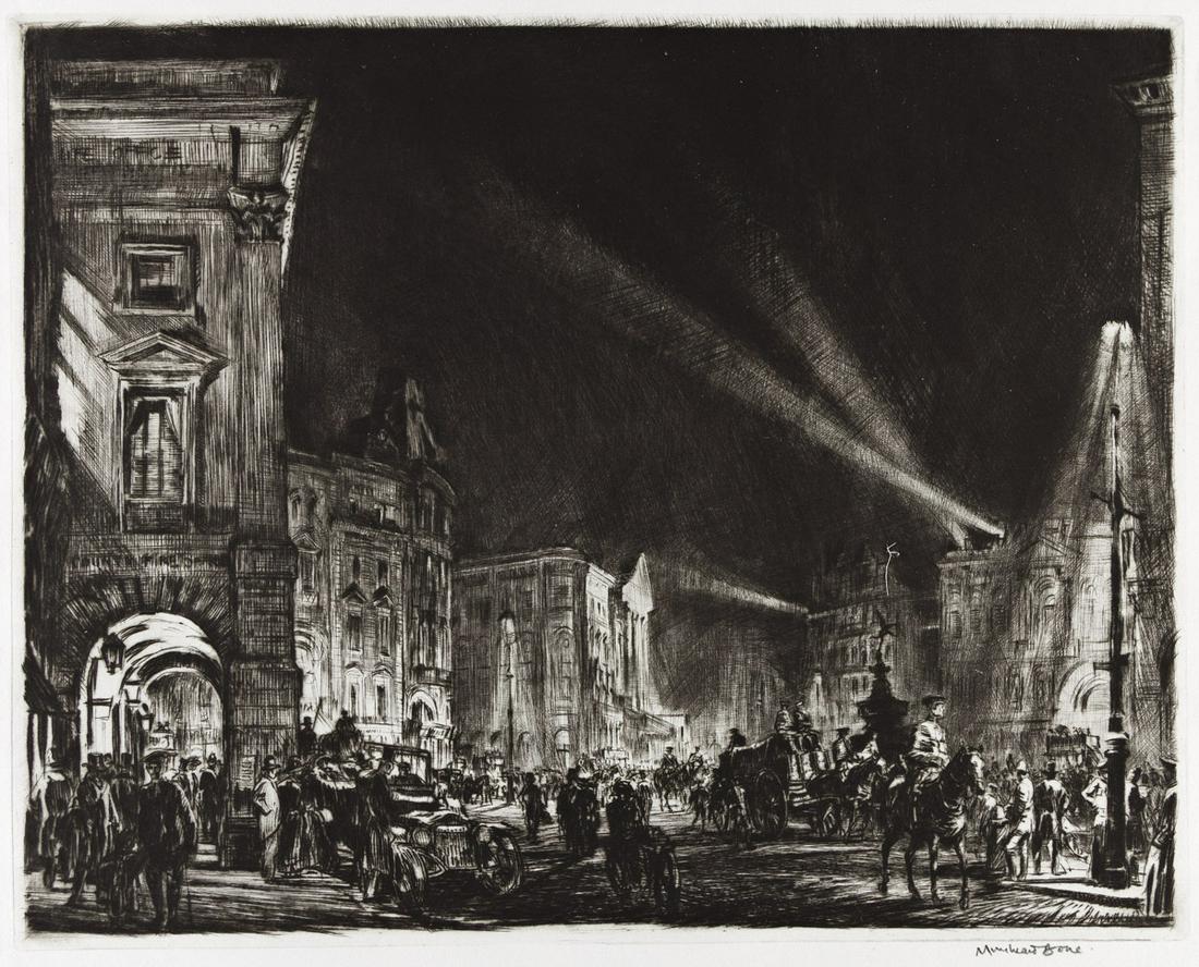 MUIRHEAD BONE Piccadilly Circus.: MUIRHEAD BONE Piccadilly Circus. Drypoint, 1915. 300x380 mm; 11x15 inches, wide margins. Sixth state (of 6). Edition of 105. Signed in pencil, lower right. A superb, richly-inked impression with brill