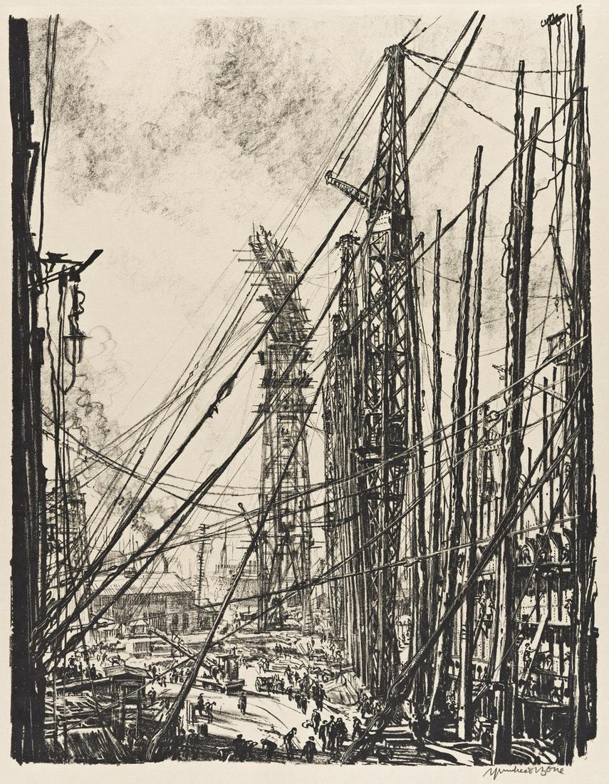 MUIRHEAD BONE Building Ships.: MUIRHEAD BONE Building Ships. Portfolio with 6 lithographs, circa 1917. 665x530 mm; 26¼x21 inches (sheets), full margins, loose as issued. Edition of 250. Each lithograph signed in pencil, lower