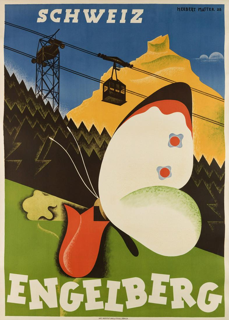 HERBERT MATTER (1907-1984). ENGELBERG. 1928. 50x35¾ inches, 127x90¾ cm. Orell Fussli,: HERBERT MATTER (1907-1984) ENGELBERG. 1928. 50x35¾ inches, 127x90¾ cm. Orell Fussli, Zurich. Condition A-: minor repaired tears and creases in margins. Although best known for his work in th