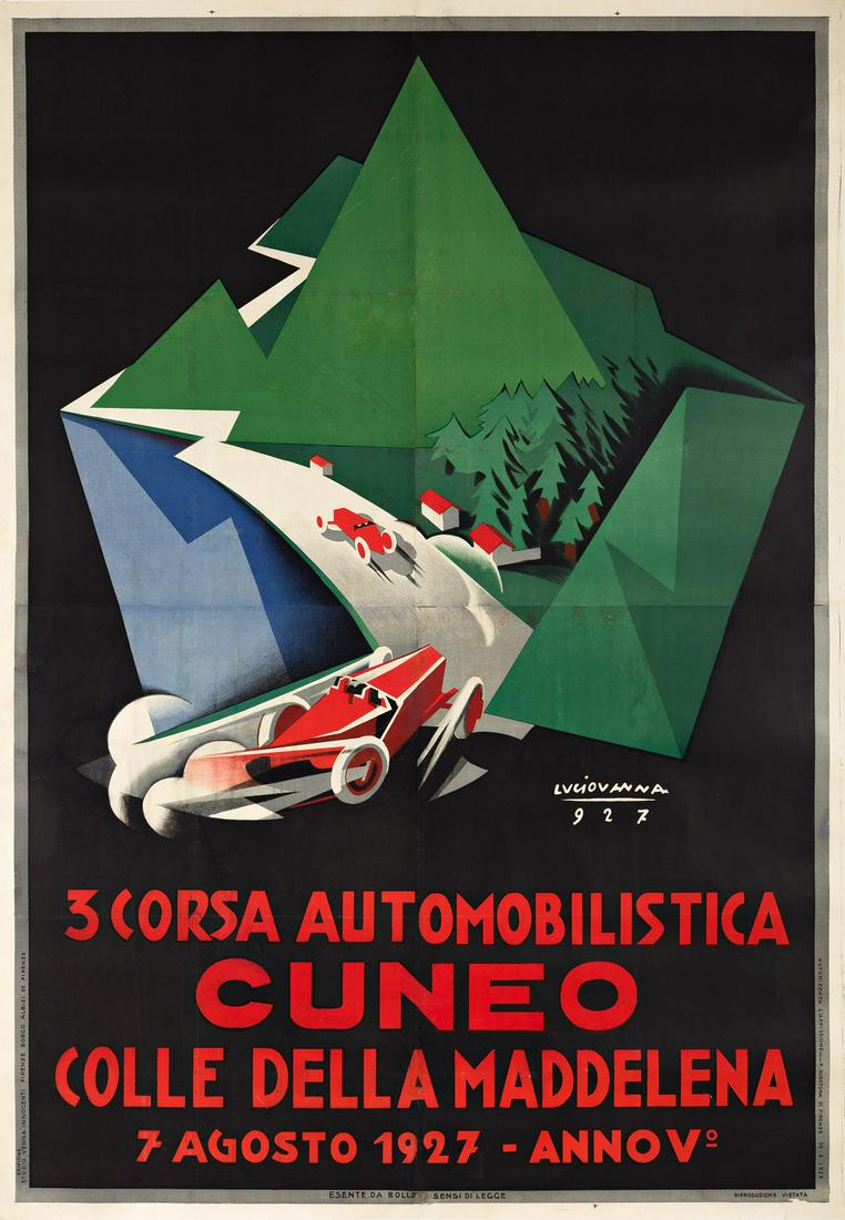 LUCIO VENNA (GIUSEPPE LANDSMANN, 1897-1974). 3 CORSA AUTOMOBILISTIC CUNEO. 1927. 76½x53: LUCIO VENNA (GIUSEPPE LANDSMANN, 1897-1974) 3 CORSA AUTOMOBILISTIC CUNEO. 1927. 76½x53 inches, 194¼x134½ cm. Edizione Studio Venna Innocenti, Florence. Condition B: replaced losses and