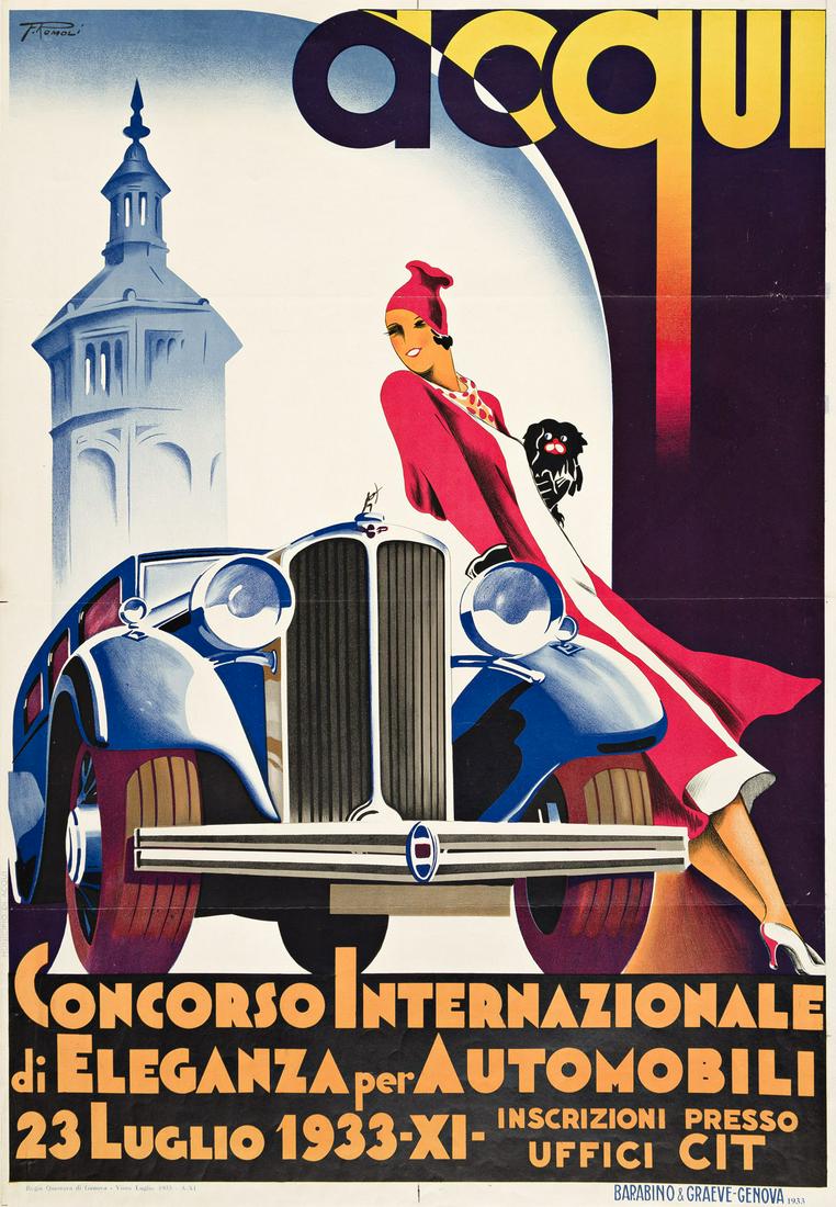 FILIPPO ROMOLI (1901-1969). ACQUI / CONCORSO INTERNAZIONALE DI ELEGANZA PER AUTOMOBILI. 1933.: FILIPPO ROMOLI (1901-1969) ACQUI / CONCORSO INTERNAZIONALE DI ELEGANZA PER AUTOMOBILI. 1933. 39¼x27½ inches, 99¾x69¾ cm. Barabino & Graeve, Genova. Condition B+: small repaired tea