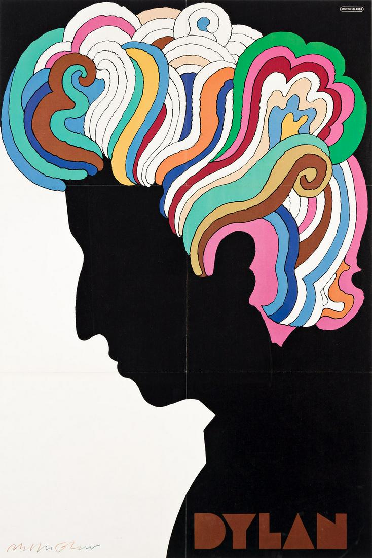 MILTON GLASER (1929-2020). BOB DYLAN. 1966. 32¼x21½ inches, 82x54½ cm.: MILTON GLASER (1929-2020) BOB DYLAN. 1966. 32¼x21½ inches, 82x54½ cm. Condition A: vertical and horizontal folds, as issued. Hand-signed by the artist in multicolor pencil. Paper. This