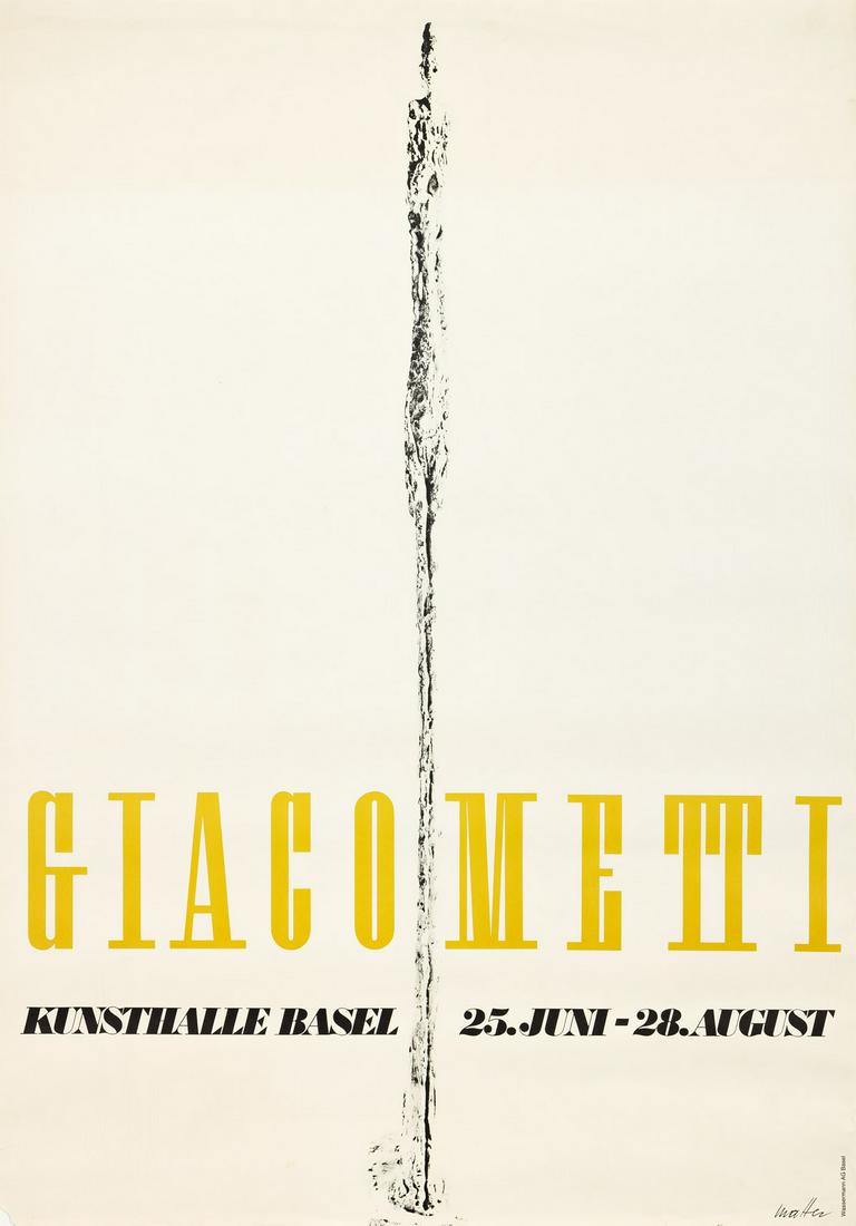 HERBERT MATTER (1907-1984). GIACOMETTI / KUNSTHALLE BASEL. 1966. 50x35½ inches, 127x90¼: HERBERT MATTER (1907-1984) GIACOMETTI / KUNSTHALLE BASEL. 1966. 50x35½ inches, 127x90¼ cm. Wassermann, Basel. Condition B+ / A-: loss in lower left corner; tears and minor creases at edges.