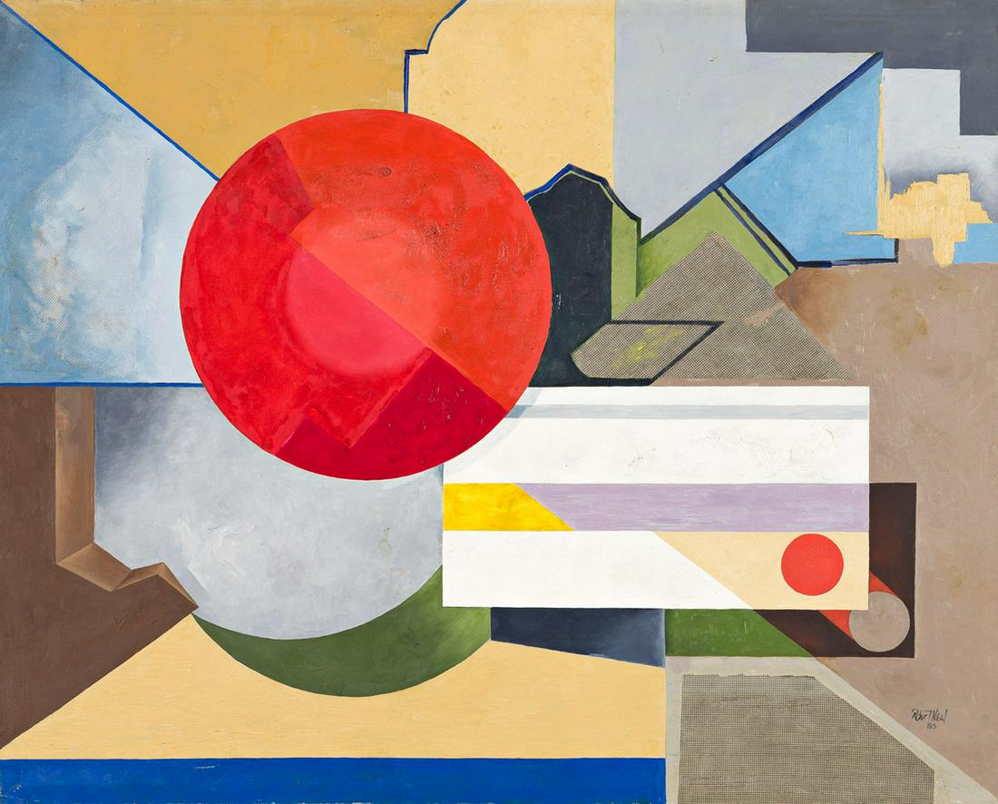 ROBERT LEE NEAL (1916 - 1987, AMERICAN) Untitled, (Abstraction).: ROBERT LEE NEAL (1916 - 1987, AMERICAN) Untitled, (Abstraction). Oil and collage on canvas, 1985. 610x762 mm; 24x30 inches. Signed, Robert Neal, and dated, 85, lower right. Provenance: Estate of the a