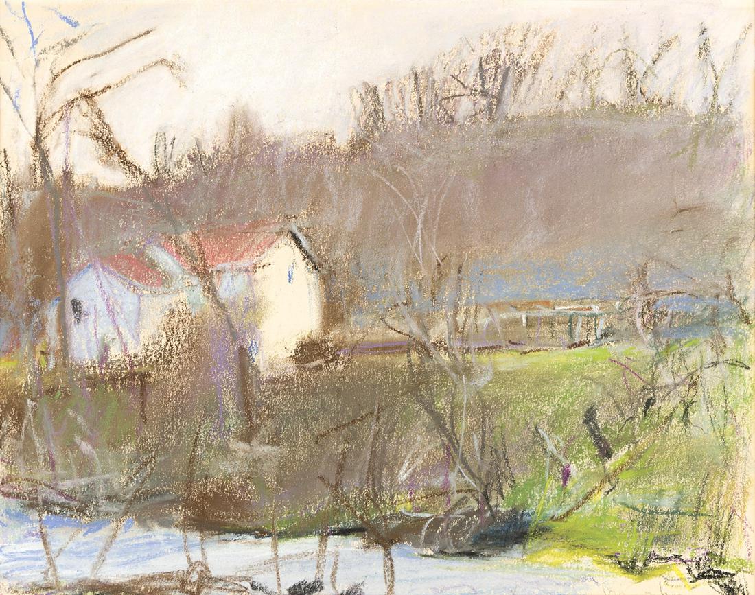 WOLF KAHN (1927 - 2020, GERMAN/AMERICAN) House by the Brook.: WOLF KAHN (1927 - 2020, GERMAN/AMERICAN) House by the Brook. Pastel on paper. 280x355 mm; 11x14 inches. Signed, W Kahn, lower right. Provenance: The Artist; Princeton Gallery of Fine Art, NJ; Gary Sny
