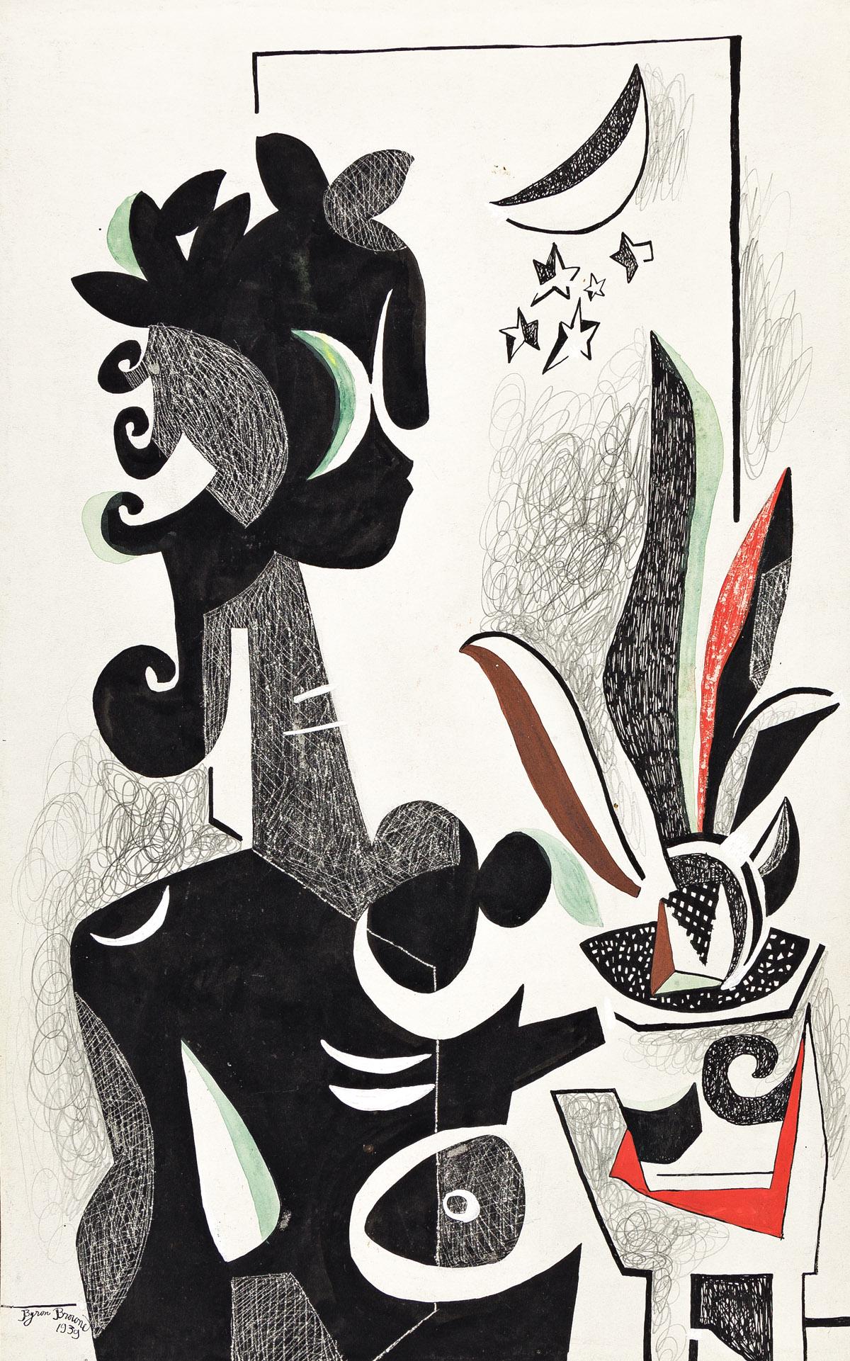 BYRON BROWNE (1907 - 1961, AMERICAN) Untitled, (Figure).: BYRON BROWNE (1907 - 1961, AMERICAN) Untitled, (Figure). Pencil, ink and watercolor on paper, 1939. 540x337 mm; 21x13 inches. Signed, Byron Browne, and dated, 1939, lower left. Provenance: The Elton a