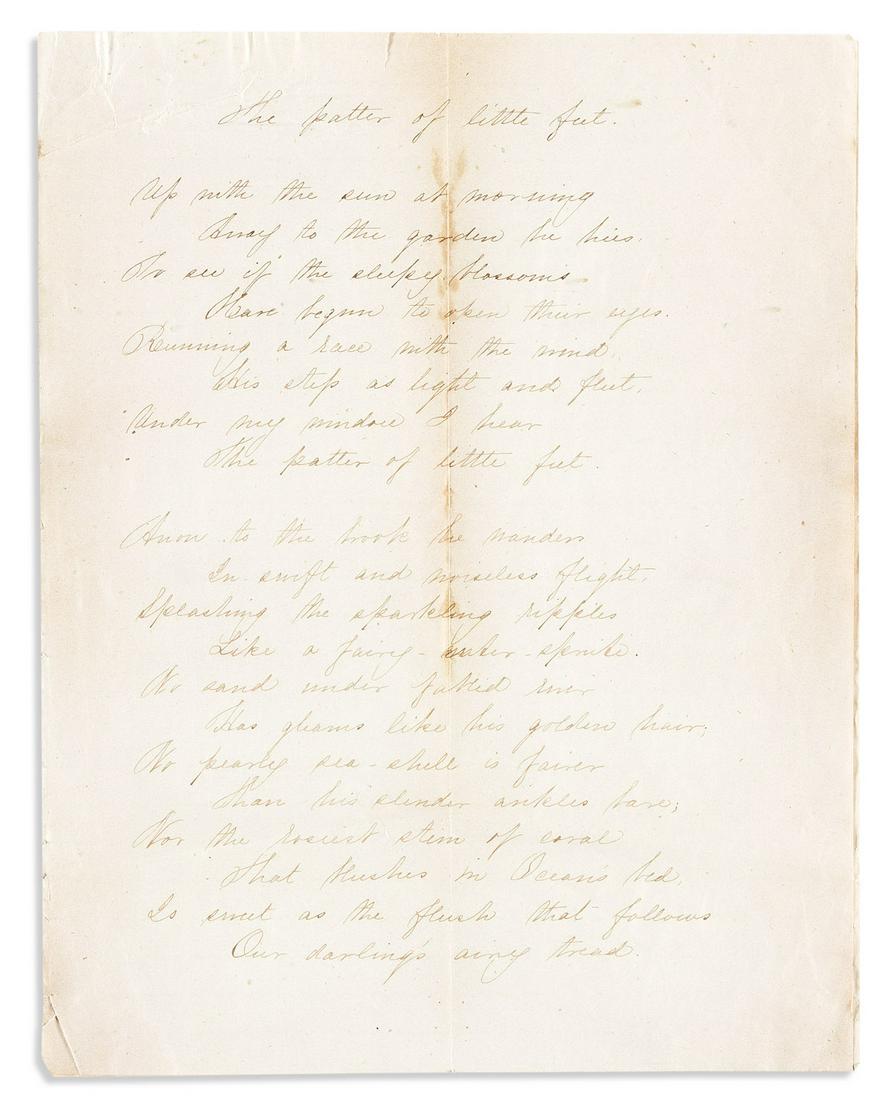 Wallace, Susan Arnold Elston (1830-1907) The Patter of Little Feet, Fair Copy in the Author's Hand,: Wallace, Susan Arnold Elston (1830-1907) The Patter of Little Feet, Fair Copy in the Author's Hand, Crawfordsville, Indiana, May 1858. Three leaves inscribed on one side only, containing the title and