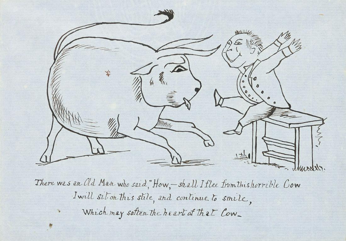 EDWARD LEAR (1812-1888) "There was an old man who said `How, -shall I flee from this horrible Cow .: EDWARD LEAR (1812-1888) "There was an old man who said `How, -shall I flee from this horrible Cow . . ." Illustration for Lear's A Book of Nonsense, Third edition (London, 1861). Pen and ink on blue p