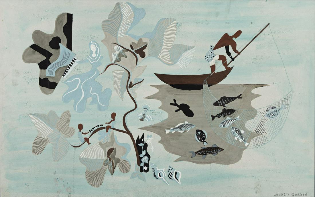 WITOLD GORDON (1885-1968) Abstract portrait of Donald Deskey and family.: WITOLD GORDON (1885-1968) Abstract portrait of Donald Deskey and family. Gouache on board, circa 1930s. 381x610 mm; 15x24 inches, sight. Signed "Witold Gordon" in pencil, lower right image. Framed to