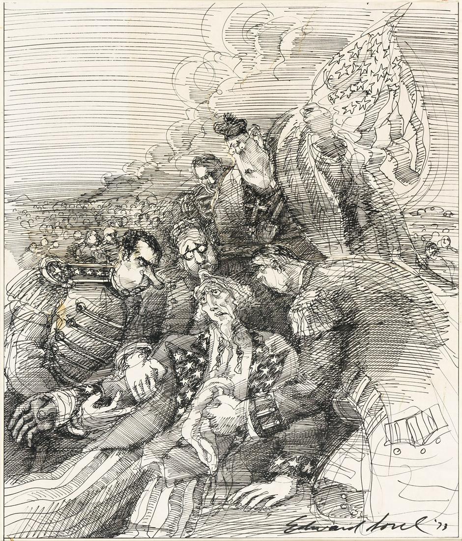 EDWARD SOREL (1929-) The Death of Uncle Sam (after Benjamin West).: EDWARD SOREL (1929-) The Death of Uncle Sam (after Benjamin West). Ink on paper. 400x336 mm; 15¾x13¼ inches. Signed and dated "Edward Sorel `73" in lower right corner. Matted and framed. Pro