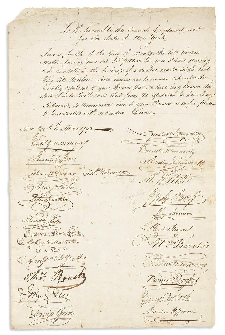 WILLETT, MARINUS. Signature, "M. Willett," on a petition to the Council of Appointment for the State: PETITION TO REINSTATE NYC AUCTIONEER WILLETT, MARINUS. Signature, "M. Willett," on a petition to the Council of Appointment for the State of NY, attesting to the character of James Smith and recommend