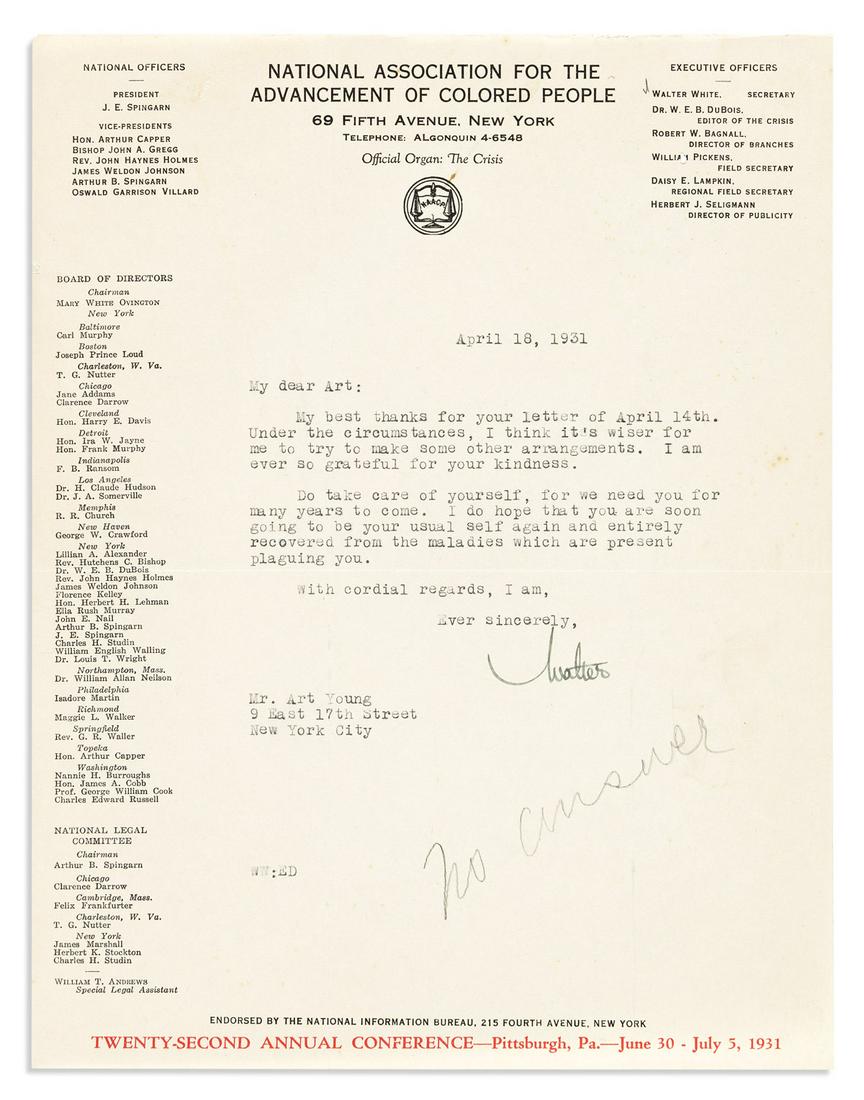 (CIVIL RIGHTS.) WHITE, WALTER FRANCIS. Typed Letter Signed, "Walter," as Executive Secretary of the: DO TAKE CARE OF YOURSELF, FOR WE NEED YOU FOR MANY YEARS TO COME (CIVIL RIGHTS.) WHITE, WALTER FRANCIS. Typed Letter Signed, "Walter," as Executive Secretary of the NAACP, to cartoonist Art Young, gra