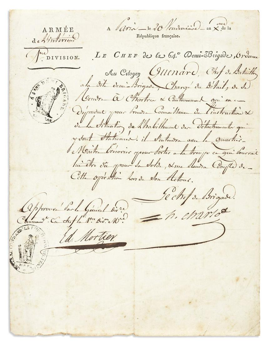 (NAPOLÃ‰ON.) MORTIER, Ã‰DOUARD; DUKE OF TRÃ‰VISE. Endorsement Signed, "Ed: Mortier," expressing (1 of 1)