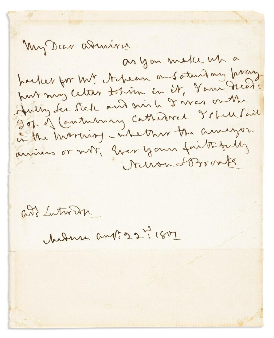 NELSON, HORATIO. Autograph Letter Signed, "Nelson & Bronte," to Admiral Skeffington Lutwidge ("My (1 of 1)