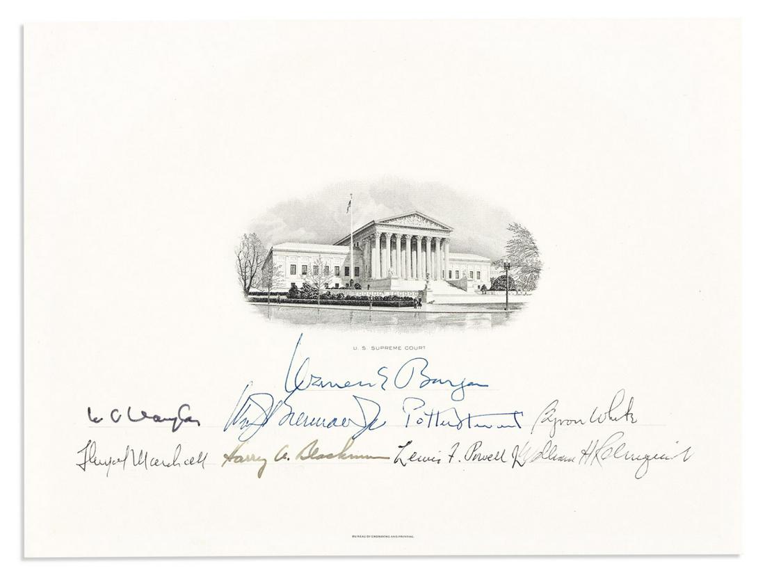 (SUPREME COURT.) Signatures of all nine members of the Burger Court in three lines on single sheet (1 of 1)