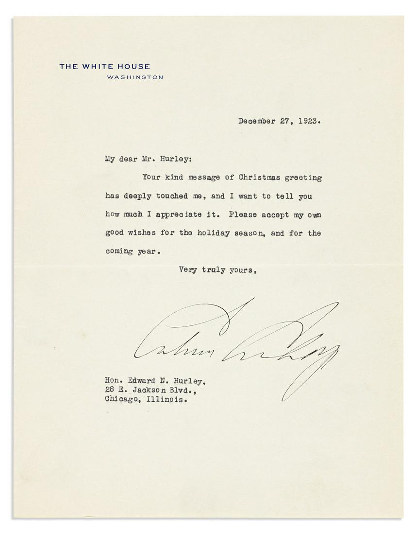 COOLIDGE, CALVIN. Archive of 15 Typed Letters Signed, 13 as President, to former Chairman of the (1 of 1)
