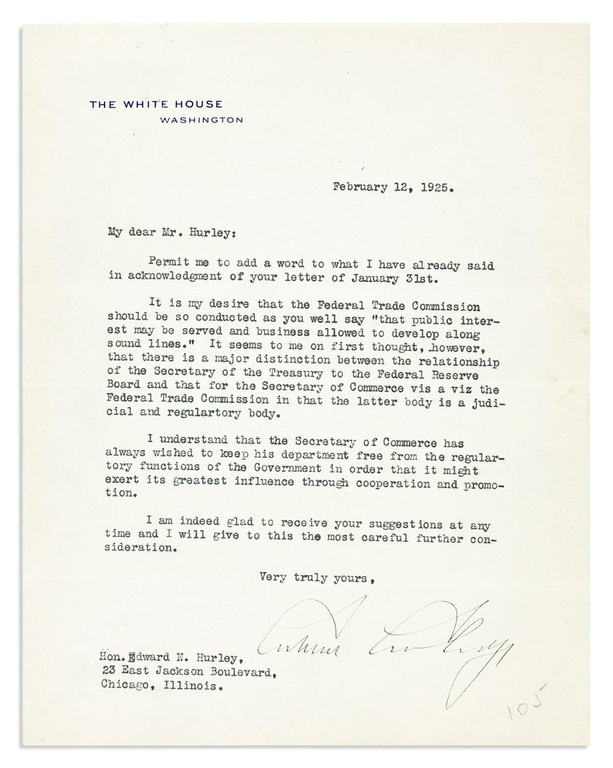 COOLIDGE, CALVIN. Typed Letter Signed, as President, to former Chairman of the Federal Trade (1 of 1)