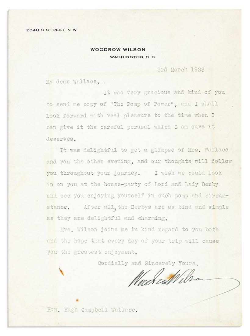WILSON, WOODROW. Typed Letter Signed, to diplomat Hugh Campbell Wallace, (1 of 1)