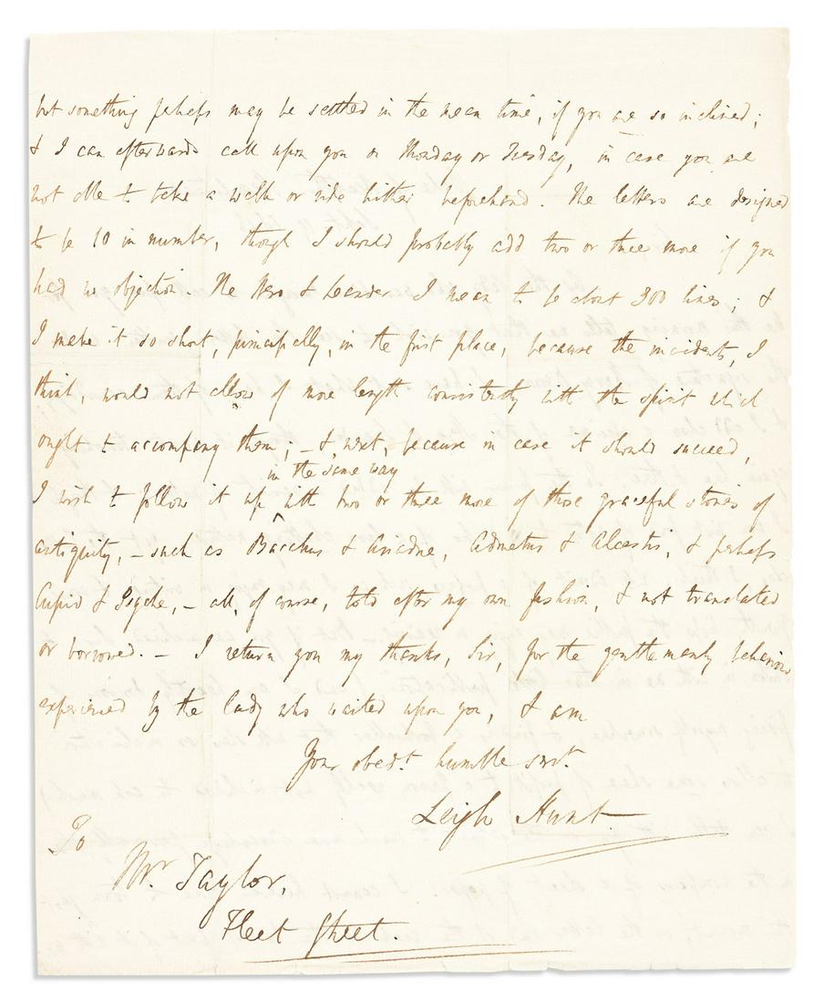 HUNT, LEIGH. Autograph Letter Signed, to publisher John Taylor ("Mr. Taylor, Fleet Street"),: "HARRY BROWN": PSEUDONYM OF FRIEND TO THE GREAT VICTORIAN POETS HUNT, LEIGH. Autograph Letter Signed, to publisher John Taylor ("Mr. Taylor, Fleet Street"), explaining that he has sent the Harry Brown