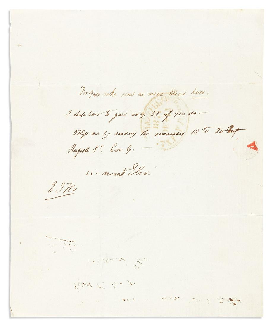 LAMB, CHARLES. Autograph Letter Signed, "ci-devant Elia [formerly Elia]," to publishers John Taylor: LAMB, CHARLES. Autograph Letter Signed, "ci-devant Elia [formerly Elia]," to publishers John Taylor and James Augustus Hessey, requesting that no more copies of the Elia essays be sent to this address