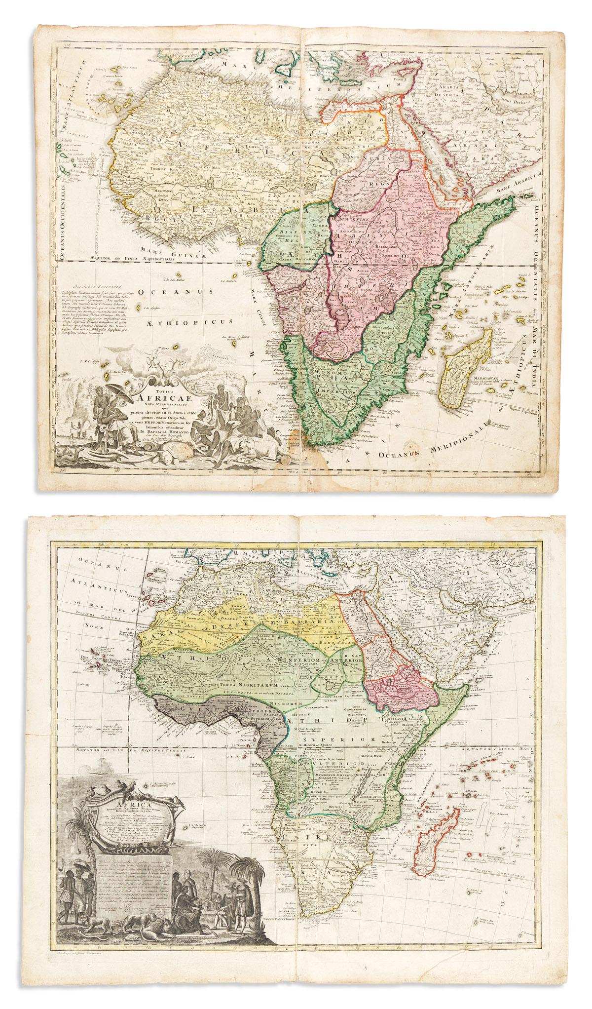 (AFRICA.) Two hand-colored double-page engraved eighteenth-century maps of the continent.: (AFRICA.) Two hand-colored double-page engraved eighteenth-century maps of the continent. Nuremberg, 1715-1730s - Homann Heirs. Africa Secundum Legitimas Projectionis Stereographicae. 20¾x24¼