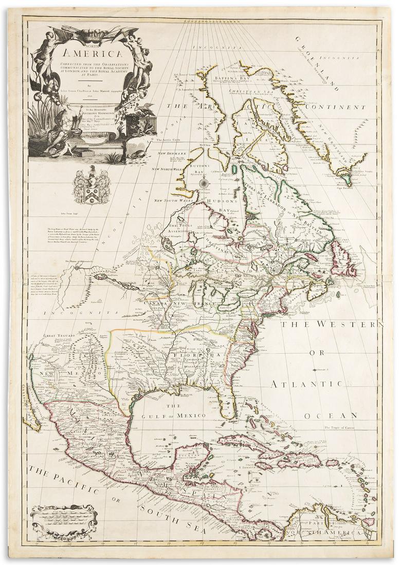 (COLONIAL NORTH AMERICA.) John Senex, Charles Price, and John Maxwell. North America.: (COLONIAL NORTH AMERICA.) John Senex, Charles Price, and John Maxwell. North America. Large engraved map of North America on two sheets of laid paper joined. 39x26¾ inches overall, wide margins;
